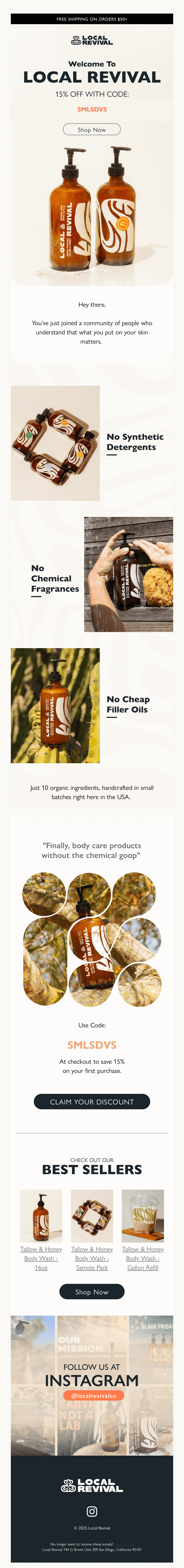 Local Revival welcome email example featuring brand introduction, welcome discount offer, and best-selling product links for effective ecommerce email marketing automation
